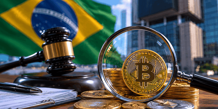 Bandera de brasil sobre un escritorio con una lupa y moneda de bitcoin y criptomonedas