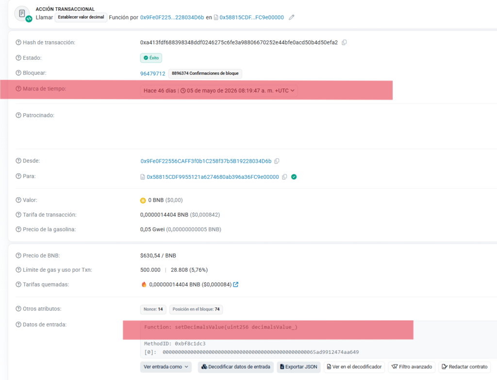 Captura de pantalla de una operación on chain en un contrato inteligente de la red de criptomonedas BNB Chain.