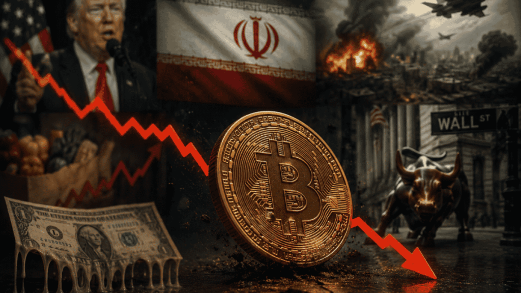 Primer plano: moneda física de bitcoin con flecha roja descendente. Fondo: imágenes que ilustran el panorama geopolítico actual.