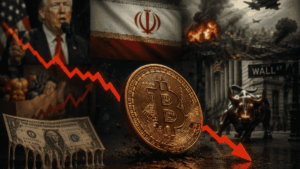 Primer plano: moneda física de bitcoin con flecha roja descendente. Fondo: imágenes que ilustran el panorama geopolítico actual.