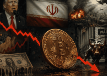 Primer plano: moneda física de bitcoin con flecha roja descendente. Fondo: imágenes que ilustran el panorama geopolítico actual.