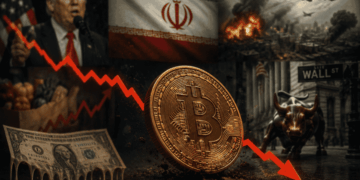 Primer plano: moneda física de bitcoin con flecha roja descendente. Fondo: imágenes que ilustran el panorama geopolítico actual.