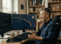 Un inversor contento viendo cómo cae el precio de bitcoin.