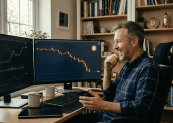 Un inversor contento viendo cómo cae el precio de bitcoin.