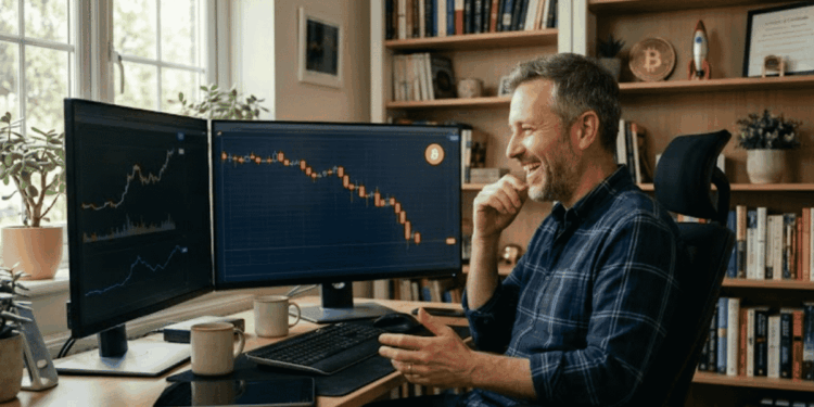 Un inversor contento viendo cómo cae el precio de bitcoin.