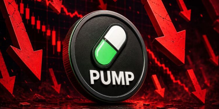 Una moneda física de PUMP rodeada de flechas rojas.