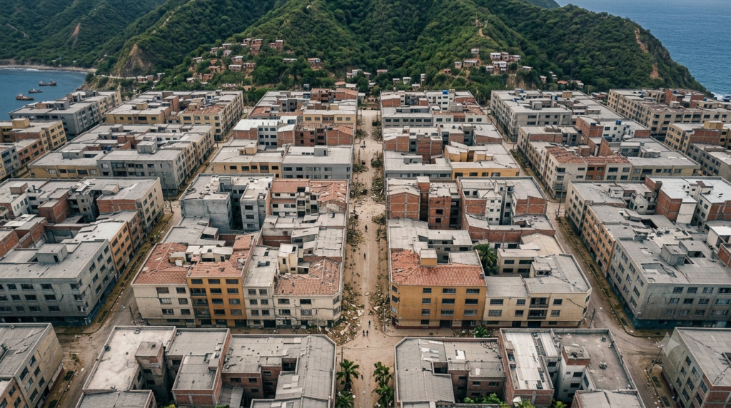 Fotografía aérea editorial, formato horizontal. Vista desde altura de un barrio urbano latinoamericano densamente edificado tras un terremoto: edificios de concreto con fachadas agrietadas o parcialmente derrumbadas, calles cubiertas de escombros y polvo, sin vegetación. Composición geométrica con las líneas de las calles y los bloques de edificios como estructura visual. Paleta desaturada de grises, beige y ocre terroso. Luz de día nublado, sin sombras duras. Atmósfera documental y fría, sin dramatismo exagerado. Sin personas visibles, sin texto, sin números, sin logotipos ni marcas.