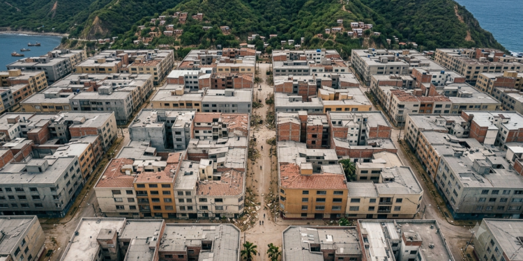 Fotografía aérea editorial, formato horizontal. Vista desde altura de un barrio urbano latinoamericano densamente edificado tras un terremoto: edificios de concreto con fachadas agrietadas o parcialmente derrumbadas, calles cubiertas de escombros y polvo, sin vegetación. Composición geométrica con las líneas de las calles y los bloques de edificios como estructura visual. Paleta desaturada de grises, beige y ocre terroso. Luz de día nublado, sin sombras duras. Atmósfera documental y fría, sin dramatismo exagerado. Sin personas visibles, sin texto, sin números, sin logotipos ni marcas.