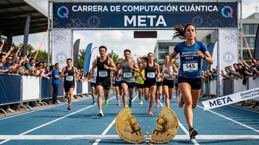 Personas en una carrera que se llama computación cuántica, y en la meta se ve un bitcoin físico partido a la mitad.
