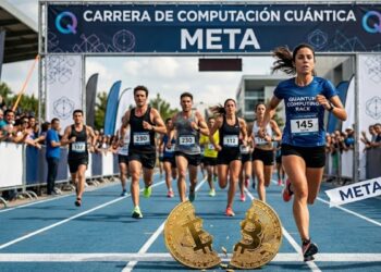 Personas en una carrera que se llama computación cuántica, y en la meta se ve un bitcoin físico partido a la mitad.