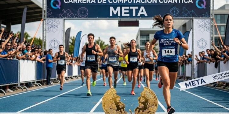 Personas en una carrera que se llama computación cuántica, y en la meta se ve un bitcoin físico partido a la mitad.