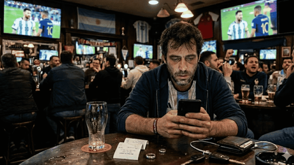 Apostador en una mesa de un bar, con teléfono en la mano y expresión de decepcionado.