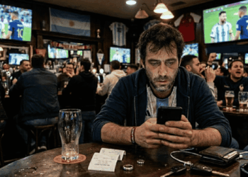 Apostador en una mesa de un bar, con teléfono en la mano y expresión de decepcionado.