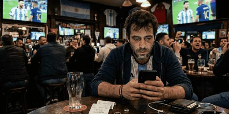 Apostador en una mesa de un bar, con teléfono en la mano y expresión de decepcionado.