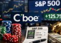 Contratos de opciones binarias sobre el Mini S&P 500 representados con logo de Cboe, fichas de casino, dados y gráficos bursátiles del índice.