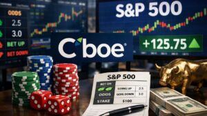 Contratos de opciones binarias sobre el Mini S&P 500 representados con logo de Cboe, fichas de casino, dados y gráficos bursátiles del índice.