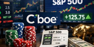 Contratos de opciones binarias sobre el Mini S&P 500 representados con logo de Cboe, fichas de casino, dados y gráficos bursátiles del índice.