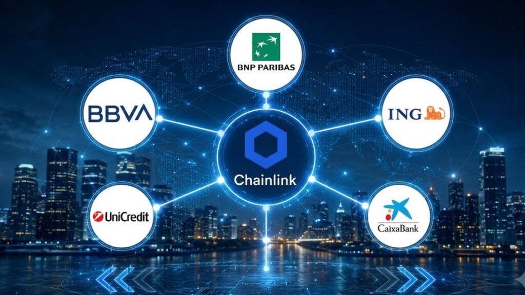 Mapa de red de Chainlink que conecta los logotipos de los bancos BBVA, BNP Paribas, ING, UniCredit y CaixaBank sobre un horizonte urbano nocturno.
