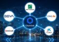 Mapa de red de Chainlink que conecta los logotipos de los bancos BBVA, BNP Paribas, ING, UniCredit y CaixaBank sobre un horizonte urbano nocturno.