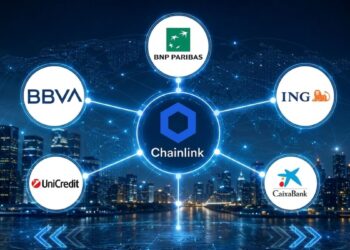 Mapa de red de Chainlink que conecta los logotipos de los bancos BBVA, BNP Paribas, ING, UniCredit y CaixaBank sobre un horizonte urbano nocturno.