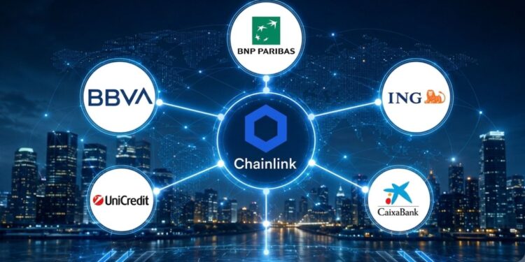 Mapa de red de Chainlink que conecta los logotipos de los bancos BBVA, BNP Paribas, ING, UniCredit y CaixaBank sobre un horizonte urbano nocturno.