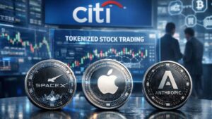Gráfico de precios y monedas digitales con los logotipos de SpaceX, Apple y Anthropic sobre un fondo de gráficos financieros.