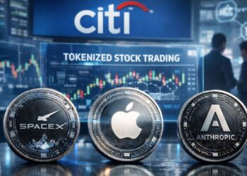 Gráfico de precios y monedas digitales con los logotipos de SpaceX, Apple y Anthropic sobre un fondo de gráficos financieros.