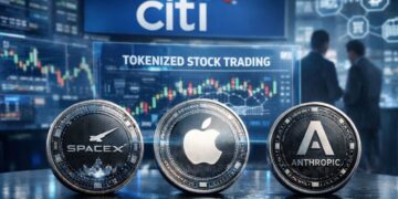 Gráfico de precios y monedas digitales con los logotipos de SpaceX, Apple y Anthropic sobre un fondo de gráficos financieros.