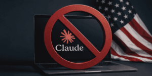 Logo de claude, una laptop, la bandera de Estados Unidos.