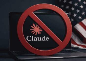 Logo de claude, una laptop, la bandera de Estados Unidos.