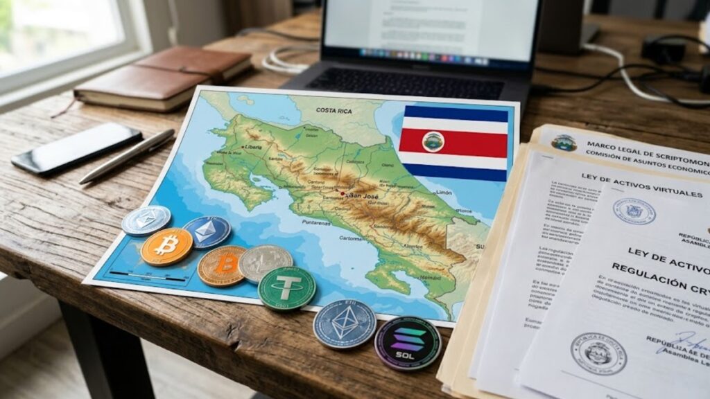 Criptomonedas alrededor del mapa de Costa Rica, con la bandera de ese país, y documentos legislativos.