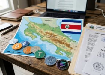 Criptomonedas alrededor del mapa de Costa Rica, con la bandera de ese país, y documentos legislativos.