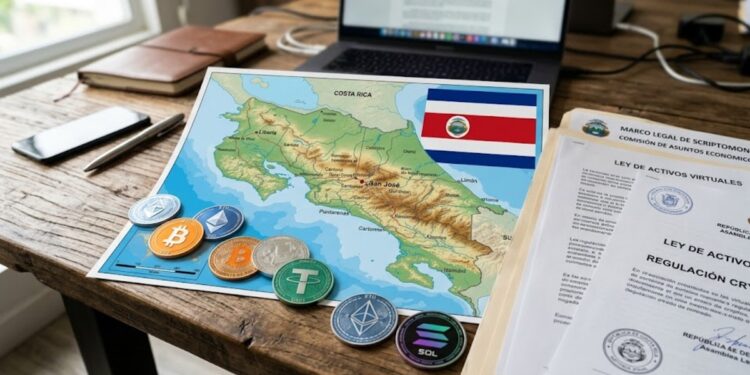 Criptomonedas alrededor del mapa de Costa Rica, con la bandera de ese país, y documentos legislativos.