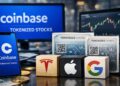 Pantalla y smartphone mostrando "Coinbase Tokenized Stocks" junto a cubos con logos de Tesla, Apple y Google y certificados de acciones tokenizadas