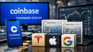 Pantalla y smartphone mostrando "Coinbase Tokenized Stocks" junto a cubos con logos de Tesla, Apple y Google y certificados de acciones tokenizadas