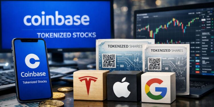 Pantalla y smartphone mostrando "Coinbase Tokenized Stocks" junto a cubos con logos de Tesla, Apple y Google y certificados de acciones tokenizadas