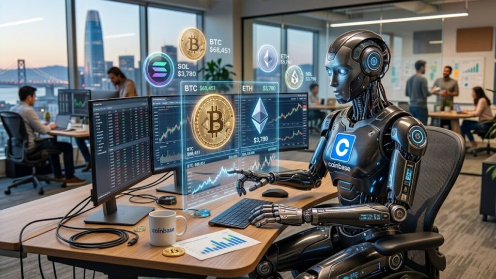 Robot de IA con el logo de Coinbase y algunas criptomonedas