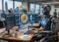 Robot de IA con el logo de Coinbase y algunas criptomonedas
