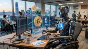 Robot de IA con el logo de Coinbase y algunas criptomonedas