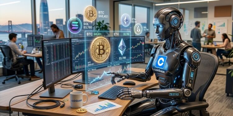 Robot de IA con el logo de Coinbase y algunas criptomonedas