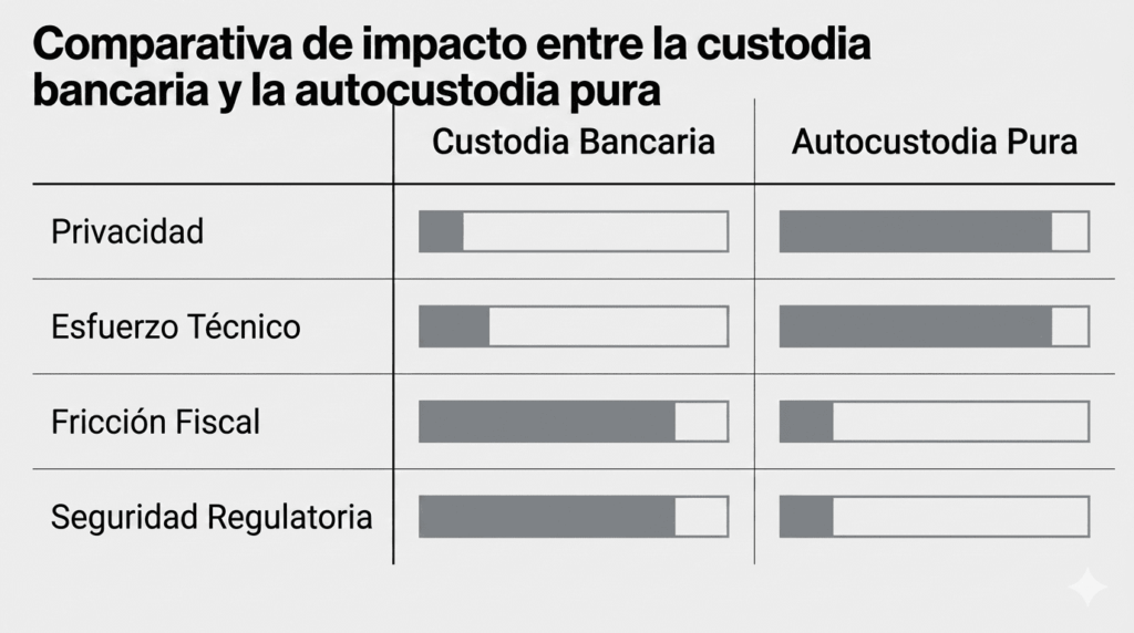 Tabla comparativa minimalista que contrasta las opciones de 'Custodia Bancaria' y 'Autocustodia Pura'. Mediante barras horizontales de nivel, se muestra que la custodia bancaria ofrece baja privacidad, bajo esfuerzo técnico y baja fricción fiscal, mientras que la autocustodia invierte por completo los valores del radar.