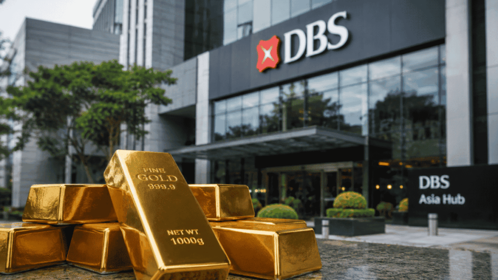En primer plano: lingotes de oro. En el fondo: oficina corporativa de DBS.