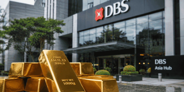 En primer plano: lingotes de oro. En el fondo: oficina corporativa de DBS.