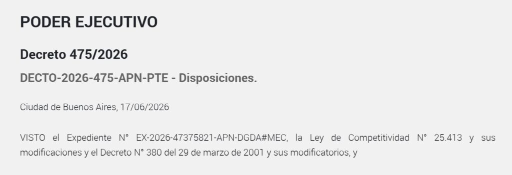Captura de pantalla del encabezado del nuevo decreto de Argentina.