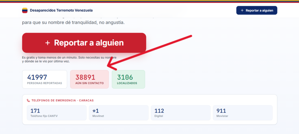 Portal de la web desaparecidosterremotovenezuela.