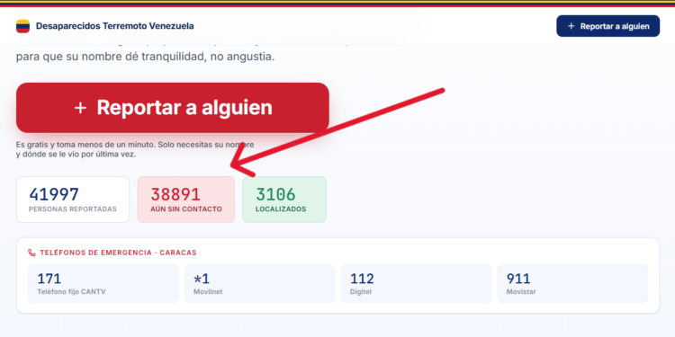 Portal de la web desaparecidosterremotovenezuela.