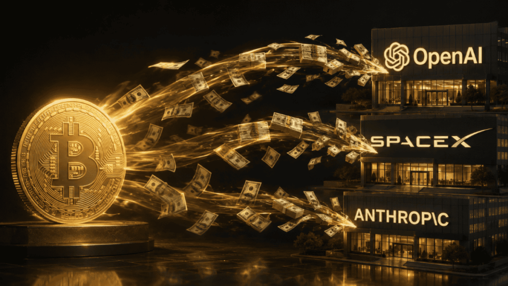 Desde una moneda física de bitcoin sale dinero que va hacia oficinas de SpaceX, OpenAI y Anthropic.