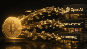 Desde una moneda física de bitcoin sale dinero que va hacia oficinas de SpaceX, OpenAI y Anthropic.