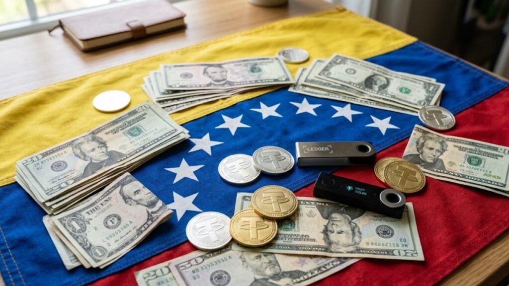 USDT y dólares sobre la bandera de Venezuela.