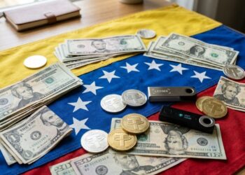 USDT y dólares sobre la bandera de Venezuela.